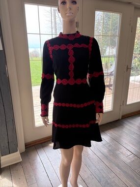 Black Long-Sleeve Dress with Red Floral Trim - Women's Elegant A-Line